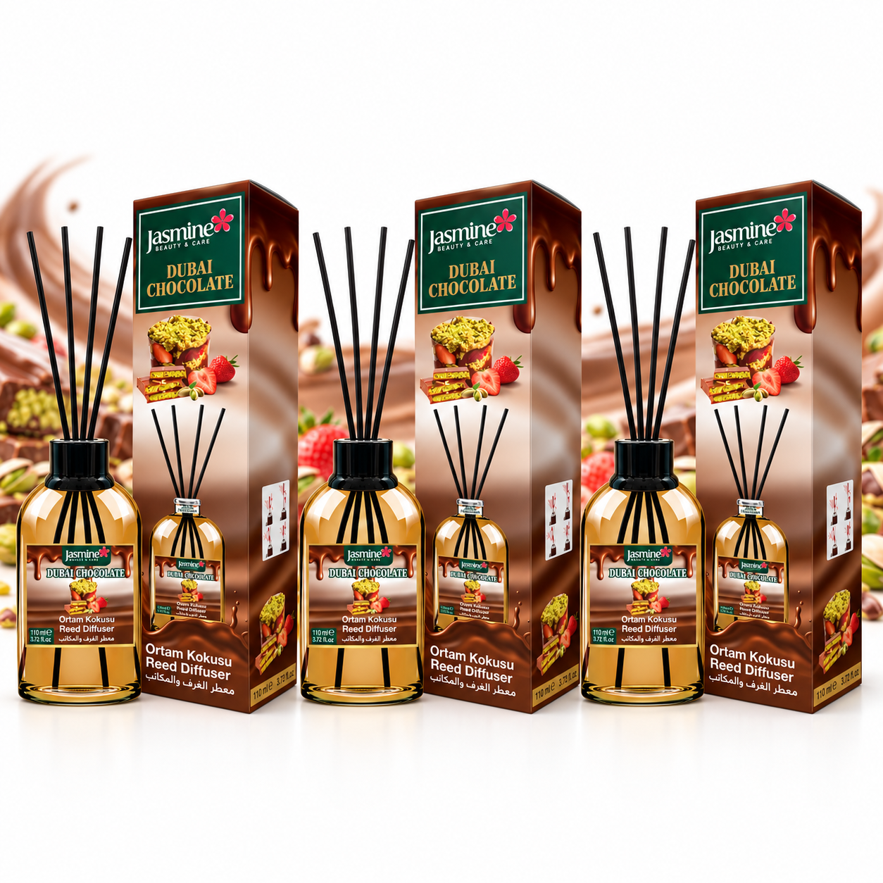 JASMINE Zestaw Dyfuzorów Dubajska Czekolada z Patyczkami 3x110 ml